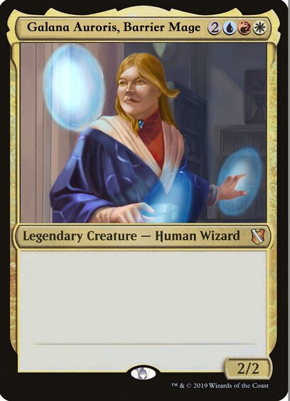 A digital painting of a pale redheaded woman in robes with a blue outer shall, a white inner robe and a red high necked body suit stands in a study with three glowing panels of energy before her. She looks to her left over her shoulder at one of them, her finger is pointed at another in front of her and her other hand taps easily at a third. The background is dark to seperate her out from the rest of the image and make her clear. Her hair moves slightly as though she's just turned her head or there's an unseen wind blowing it. 

Her art is seen from the chest up in the frame of a Magic: the Gathering card and I think it fits fairly well.