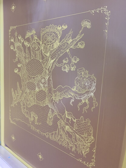 A clear screen printing screen featuring the intricate linework outlining a tree with stone platforms. This screen will be printed in black (or maybe dark brown, I'll decide super last minute like usual)