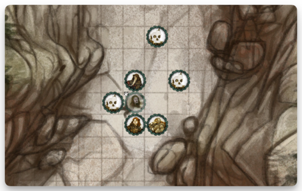 Image of a FoundryVTT scene where we see three characters and three dead opponents (undisclosed).