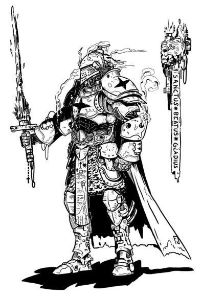 Warriors in full armor with a floating skull