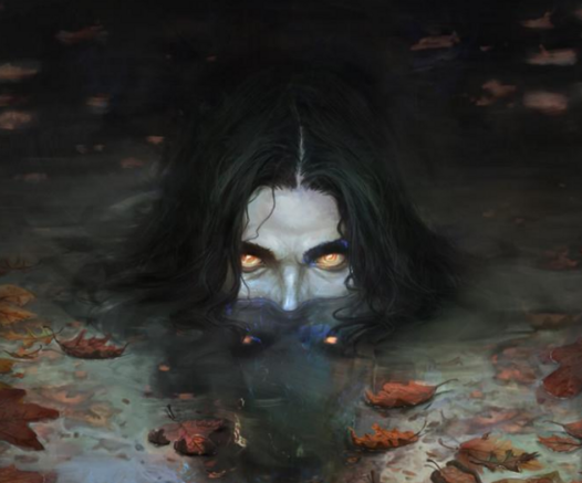 A dark-haired woman with golden-yellow eyes stares out from beneath the surface of a pond, littered with leaves. There is something inhuman about her reflection...