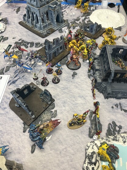 Warhammer 40K Battlefield 

Avatar in combat with a bunch of yellow nobs in Ork terminator armor. 

Wraithblades and bikes behind. 

Lone yellow bike faces down a Starweaver. 
