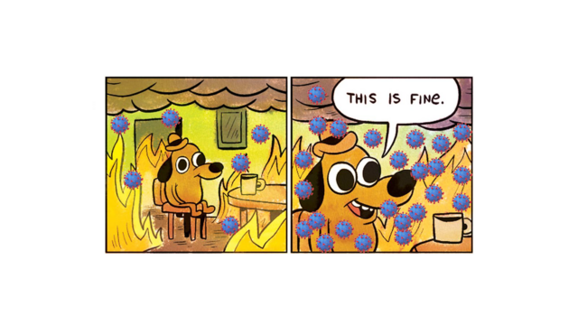 A meme. A dog cartoon in two panels. He says, "This is fine," while sitting at a table with a mug, while his house is on fire.
This version has been edited to show him surrounded by the SARS-COV-2 virus, which cases COVID-19. 