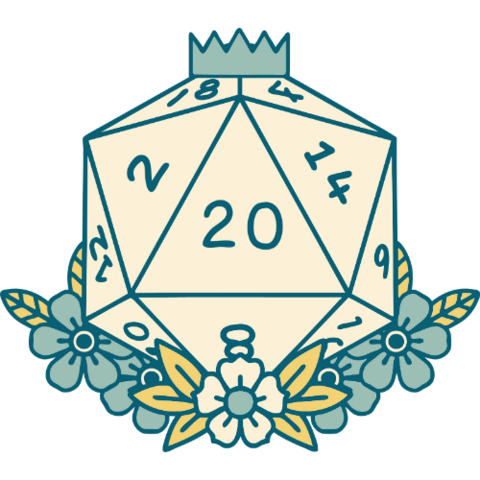 Illustrated d20 with a crown on top. It is sitting in a bed of flowers.