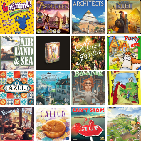 BG Stats 4 x 4.
6 nimmt!;
7 Wonders;
7 Wonders: Architects;
7 Wonders Duel;
Air, Land, & Sea;
Alarún;
Alice's Garden;
Animal Party;
Azul;
Between Two Castles of Mad King Ludwig;
Botanik;
Brandon the Brave;
Brood & Bier;
Calico;
Can't Stop;
Carcassonne.