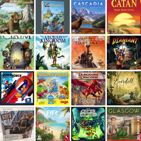 BG Stats 4 x 4.
Carcassonne: Hunters and Gatherers;
Carcassonne De Mist;
Cascadia;
CATAN;
Claim Pocket;
Cloudy Kingdom;
Colt Express;
Diamant;
Downforce;
Dragon's Breath;
Dungeons & Dragons: Wrath of Ashardalon Board Game;
Everdell;
Frozen II: Rumbling Rock;
FYFE;
Ghost Stories;
Glasgow.