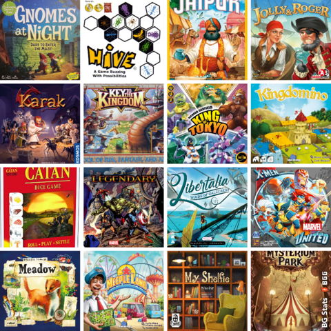 BG Stats 4 x 4.
Gnomes at Night;
Hive;
Jaipur;
Jolly & Roger;
Karak;
Key to the Kingdom;
King of Tokyo;
Kingdomino;
De Kolonisten van Catan: Het Dobbelspel;
Legendary: A Marvel Deck Building Game;
Libertalia: Winds of Galecrest;
Marvel United: X-Men;
Meadow;
Meeple Land;
My Shelfie;
Mysterium Park.