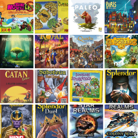 BG Stats 4 x 4.
No Thank You, Evil!;
Orchard;
Paleo;
Paris: La Cité de la Lumière;
Photosynthesis;
Port Royal: Big Box;
The Quacks of Quedlinburg;
The Quest for El Dorado;
Rivals for Catan: Deluxe;
Saboteur: Het Duel;
Silly Shenanigans;
Splendor;
Splendor: Marvel;
Splendor Duel;
Star Realms;
Star Realms: Colony Wars.