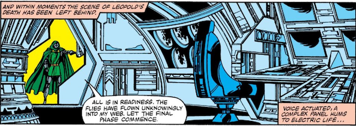 Comic book panel where Dr. Doom uses the phrase "All is in readiness. The flies have flown unknowingly into my web. Let the final phase commence," to activate his voice-controlled computer.