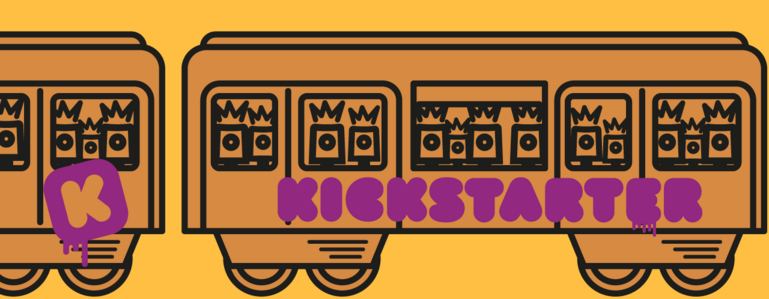 A train with kickstarter graffiti on it