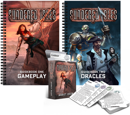 A mockup of Sundered Isles products, including two wirebound books and a deck of cards. the books read "Guidebook One: Gameplay" and "Guidebook Two Oracles"