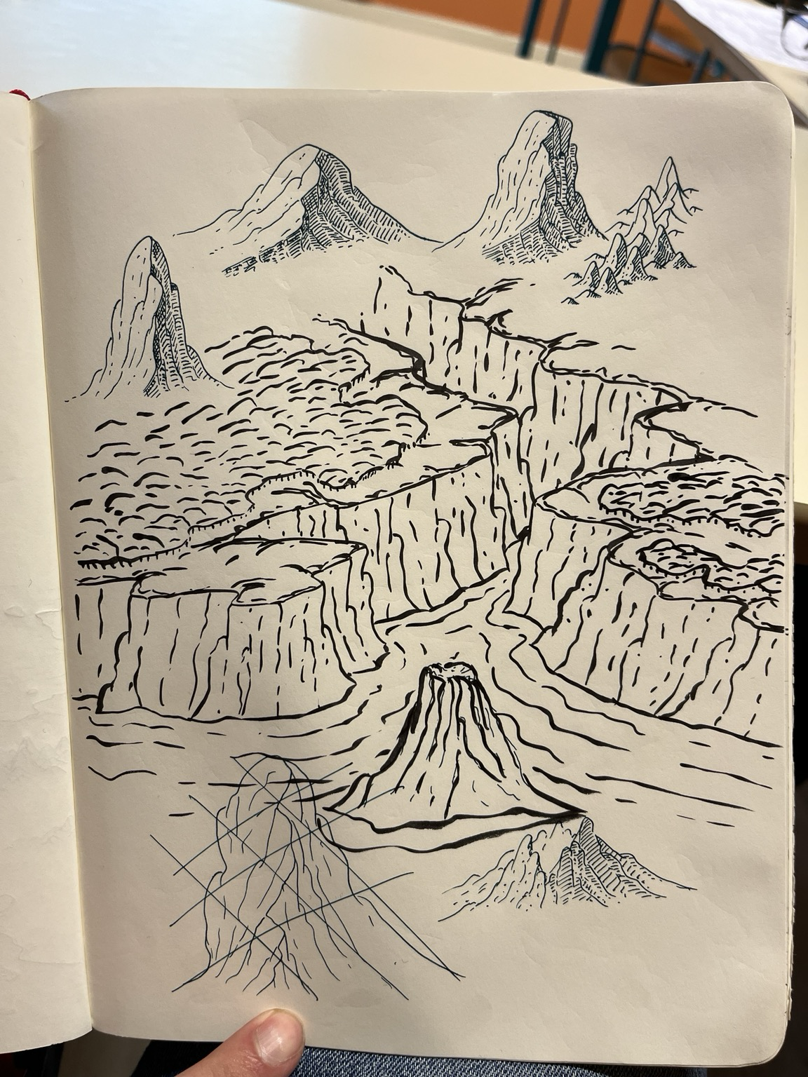 A bunch of cliffs with various mountains drawn with a brush pen and a fountain pen