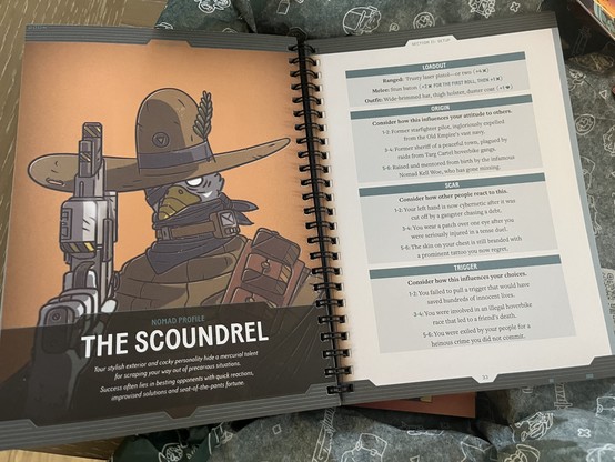 Open page spread from the Notorious solo RPG book. The spread shows “the scoundrel” player type and associated rules text.