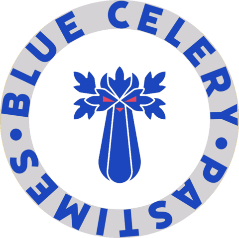 Logo of Blue Celery Pastimes. The lettering is in a circle around a blue piece of celery with red eyes and mouth.