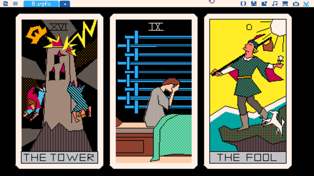 pixelated vector illustrations of three tarot cards: The Tower, the nine of swords, andf The Fool.