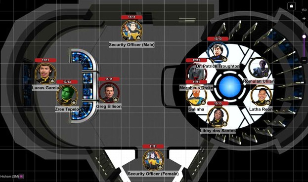 Roll 20 screen with the crew of the USS Östergötland in Transporter Room 1.
