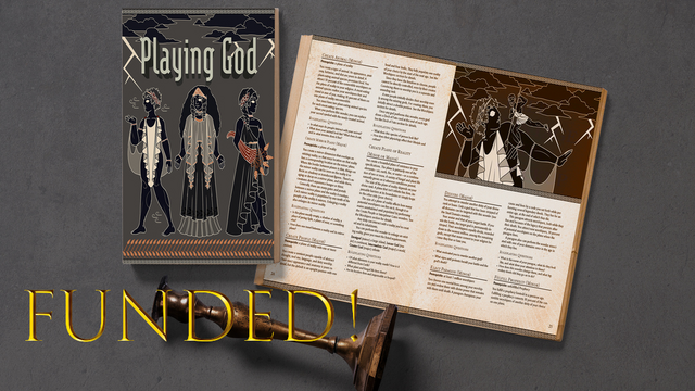 Two copies of the Playing God game next to an antique candlestick and the text Funded! in gold letters.