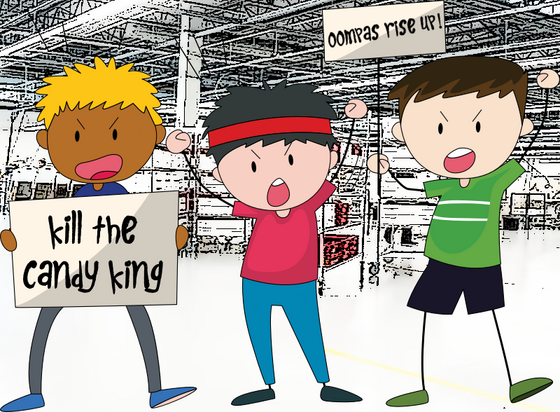 Simple cartoon image of young protesters, one holding a sign saying "KILL THE CANDY KING", another with a sign saying "OOMPAS RISE UP!", factory/warehouse ink sketch background.