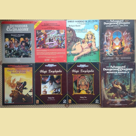 Queens Harvest: A group of adventurers with rockin' '70s hairstyles face off against a group of armored baddies. 

Ghost Tower of Inverness: A magic user and a fighter battle a glowing cartoonish spectral figure that looks like a wisp of smoke with a head and hands.  

Shield Maidens of Sea Rune: An Amazon in a red bikini with floral accessories lies in the grass next to a magnificent lion.

Unearthed Arcana: A bald wizard in a fancy robe reads a book behind an impressive collection of beakers and jars. One of the jars has a small snakelike creature in it.

Thief's Challenge II Beacon Point: A man wearing fine clothes, a cape, and a large necklace stands atop a carved lion. A dragon is in the background and a string of Jolly Rodger flags fly in front.

The Magic Encyclopedia Volume One:
A wizard with flowing grey hair and a beard holds a staff with a symbol of ram horns and bat wings. In front is a small version of the same wizard casting a spell. The upper background is filled with planets.

The Magic Encyclopedia Volume  Two:
a woman sitting in a chair with demon heads carved into the back seems surprised by what she sees in her crystal ball. Her small dragon-like familiar looks on.

Monster Manual II: A giant with a huge pole-axe swings at a seemingly tiny warrior in a cape.
