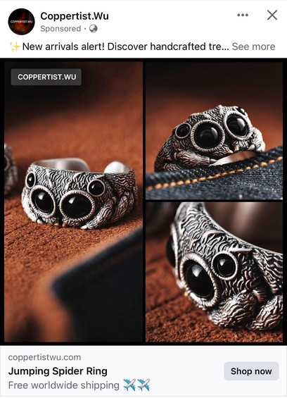 A sponsored ad on Facebook from Coppertist.Wu, featuring several shots of a ring fashioned to resemble the face of a jumping spider, complete with a hairy surface texture and huge, glossy black eyes.
