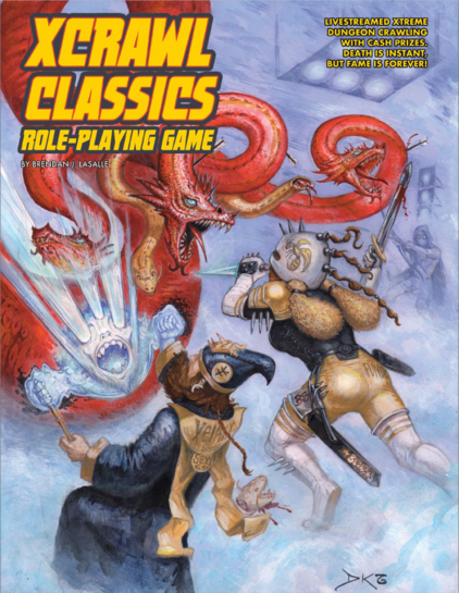 The front cover of Goodman Games’ XCrawl Classics role-playing Game, by Brendan LaSalle, showing a bearded wizard and a female warrior in what looks like heavily spiked American football armour, fighting a five-headed trench-hydra-thing.

The subtitle reads: “Livestreamed Xtreme Dungeon Crawling with Cash Prizes. Death is Instant, but Fame is Forever!”