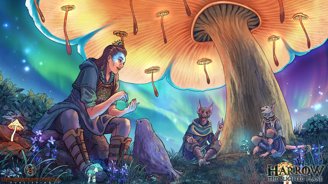 A scene from Harrow: The Blighted Plane by Underground Oracle Publishing. It features a grove guardian feeding a rimmin while two hisk talk in the background under a giant mushroom. Art by Tasca Skelton. 