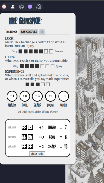 Monster of the Week owlbear character sheet extension showing stats, ratings and dice rolls.