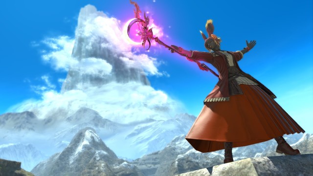 A dark-skinned Viera in a practical red outfit stands in a mountainous region a glowing staff thrust out before her. In the background is a staggeringly tall mountain.