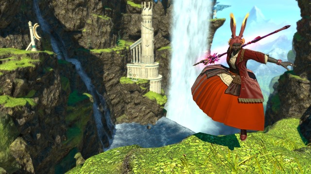 A dark-skinned Viera in a practical red outfit is caught in the middle of casting a spell, her feet off the ground and a glowing staff held behind her. In the background a river flows through a rough canyon, with elegant marble-and-gold buildings on the cliffsides.