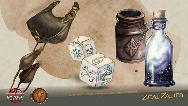 Some cyphers and artifacts. Art by @TheGrimPress / Dreamy Little Graphics / Curve Design / Arxichtu4ki