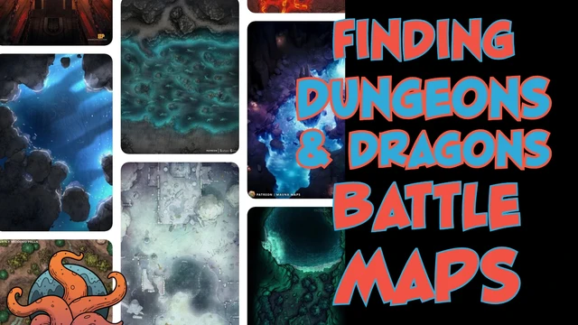 Examples of battle maps for D&D, accompanied by the text "Finding Dungeons & Dragons Battle Maps"