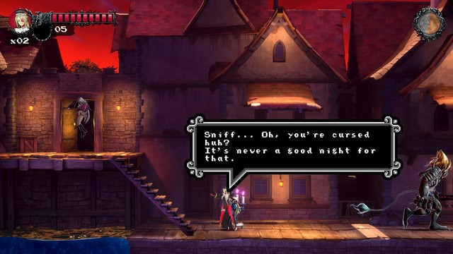 Screenshot of Classic Mode II: Dominique's Curse, a game that is DLC for Bloodstained: Ritual of the Night.  

The screenshot is in town and a town NPC is saying "Sniff... Oh, you're cursed huh?  It's never a good night for that."  