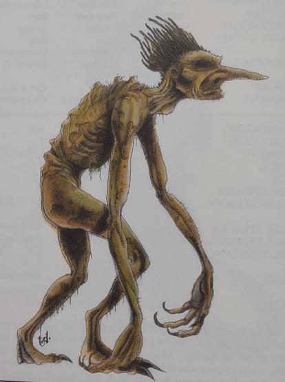 A very scary emaciated troll with a long warty nose,  long arms, and long fingernails. Its hair looks like small ropes standing straight up.