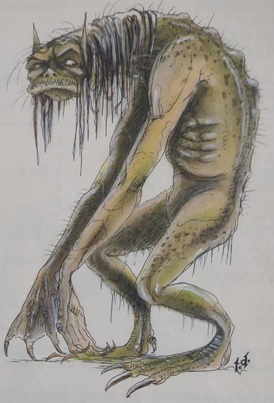 An aquatic troll with pointed ears, lank hair, and webbed fingers and toes giving you the side-eye.
