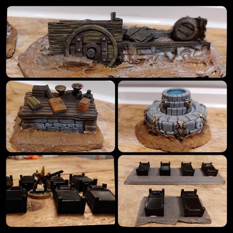 Collage of five pics:
1: a broken wagon half sunk in mud 
2: a desk with book piles, scales, scrolls and some bottles
3: fountain
4: 28mm beds with a 28mm chainsaw fella from blood bowl for scale
5: 2 pieces of foam board with 2 and 4 beds glued on evenly spaced