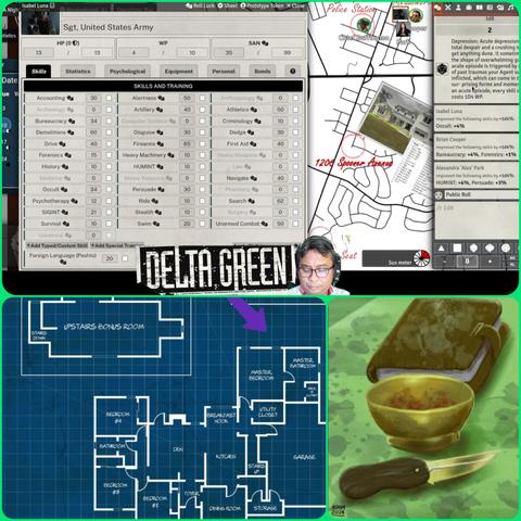 Montage of Foundry VTT screens with my character's stats, floor plans of a house and my artwork of a blade, a blood-stained bowl and an old diary. 