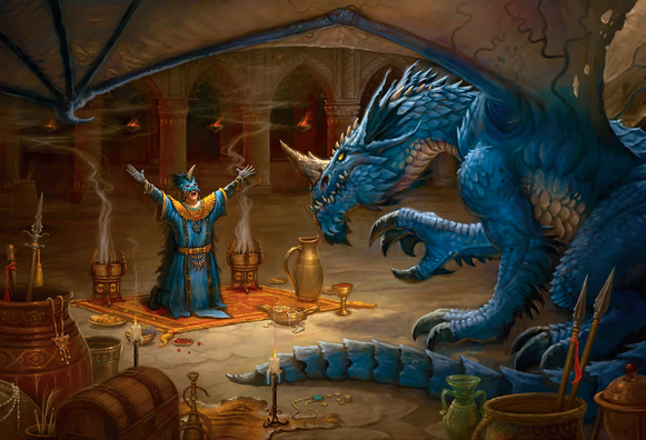 Amidst a cathedral-like space, a sky-blue-scaled dragon crouches with wings outstretched overhead and a massive horn upon its snow. With outreached claw and glowing eyes keen with interest, it regards a human figure kneeling before it. He wears robes of matching hue, with golden trim, belts, and mantle, with draconic masked helm topped with matching horn. His arms are outspread, his mouth wide open as he beseeches or praises the dragon. He kneels of a fine rug in front of two smoking braziers. Scattered all around are treasures: golden urns, goblins, bowls, jewelry, chests, great pots holding spears, and more.