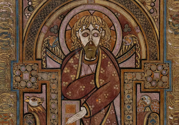 Detail from The Book of Kells, folio 291v. Showing a saint with dodgy hair style and a serious hint of "being dead" about him