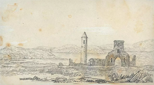 pencil sketch of Devenish Isle