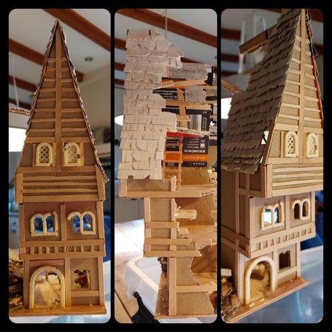 Very sharp gabled ruin in cardboard and coffee stirrer