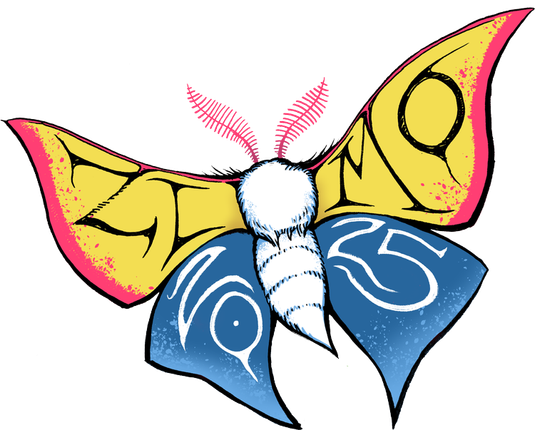 Illustration of a moth with "ZiMo (Zine Month) 2025" written across its wings.
