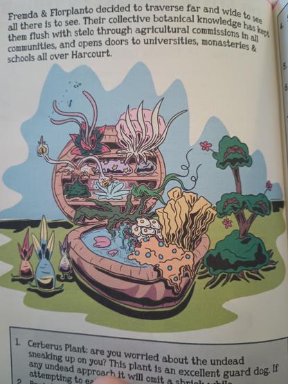An illustration of a giant walnut shell that is open like a clamshell. Instead of a walnut, shelves are built in that display a variety of exotic plants.
