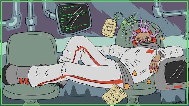 Illustration of an astronaut lounging across 2 chairs. A bag of chips and bag of juice float near their head.