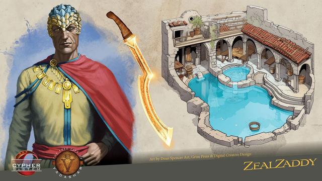 A dangerous NPC, his Kopesh, and the bathhouse he occasionally visits. Art by Dean Spencer Art, Grim Press & Digital Creative Design.