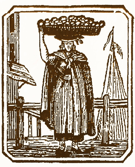 A woodcut of a golden eel vendor, showing the merchant with a basket of eels on their head.