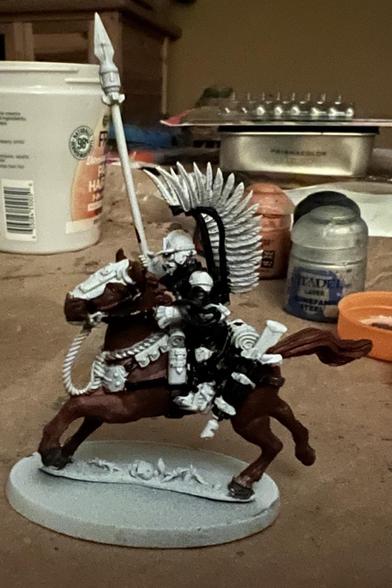 Partially painted Victoria Miniature

Winged Hussar Rough Rider, ruddy brown horse with dark gray hooves and black straps/barding. 

Work in progress 