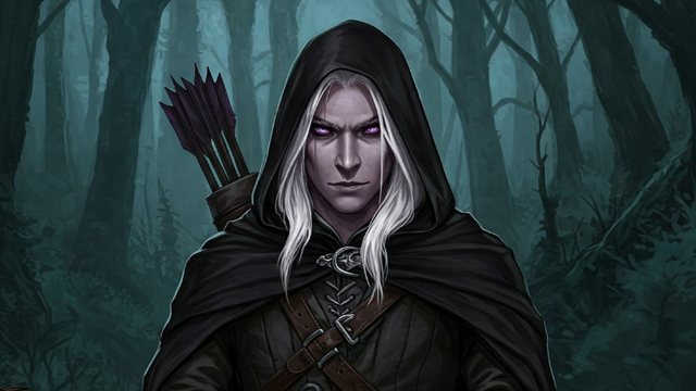 Concept art for the upcoming Netflix Forgotten Realms Dungeons & Dragons TV show, featuring the dark elf ranger Drizzt Do'Urden in a shadowy forest.