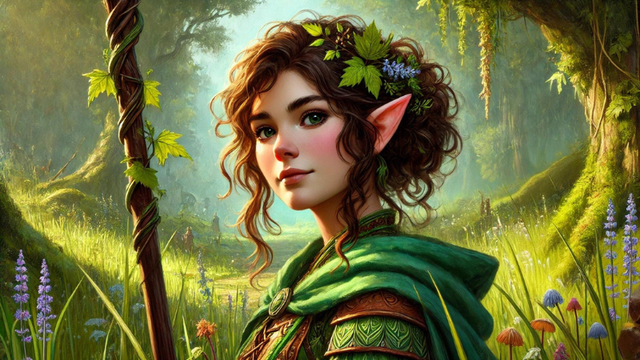 DnD artwork featuring a beautiful elven druid in a lush green forest.