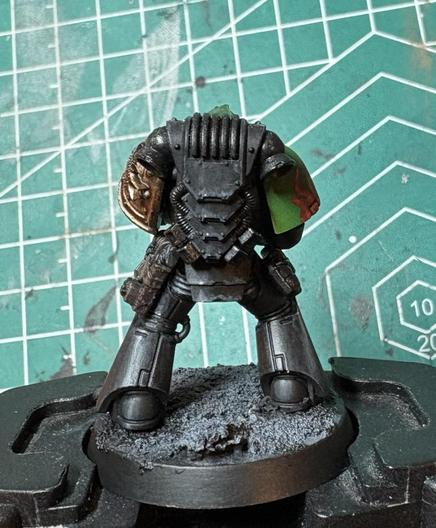 The back of a Salamander Adherent. One shoulder is green, the other dark gold. His armor is black. His pistol holster is leather. His backpack is black. 