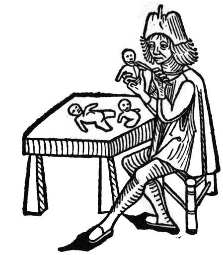 A Nuremberg dollmaker is shown in a woodcut from the Hortus Sanitus 1491. He has three malformed dolls he is working on, and is inherently spooky
